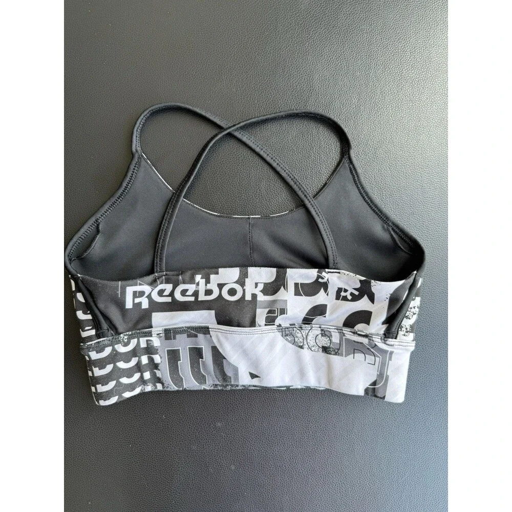Reebok Logo Black White Size XS Sports Bra Criss Cross Straps